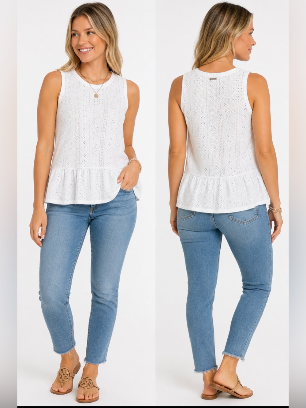 626 Michael Kors White Eyelet Peplum Sleeveless Top Women’s Small Stretch Knit